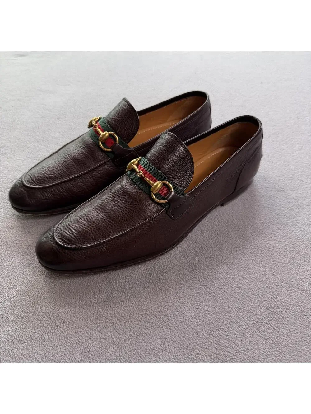Gucci Horsebit Web Stripe Brown Pebbled Leather Loafers Mens US 7 Made in Italy